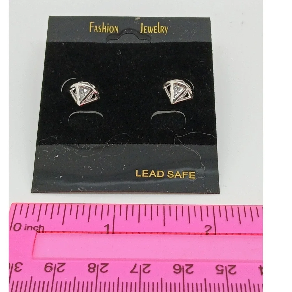 Vintage‎ 90s Silver Tone Geometric Diamond Cage Stud Earrings Clear Stone New